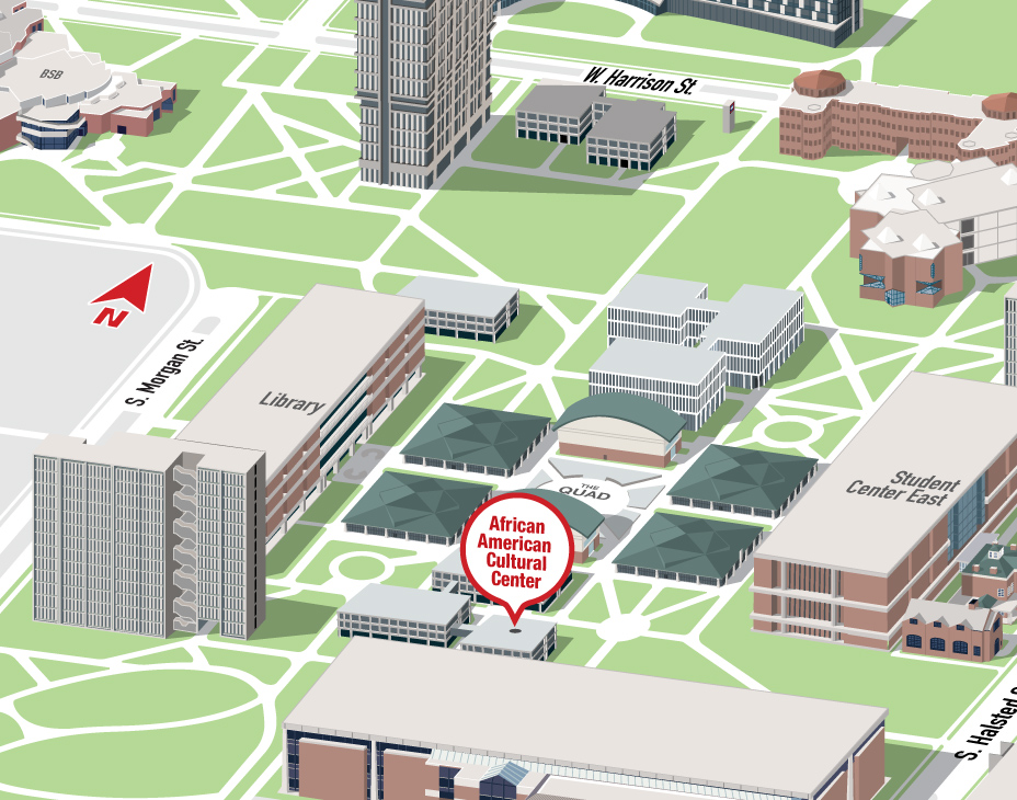 Isometric Illustrative map of UIC East campus with the African American Cultural Center building highlighted