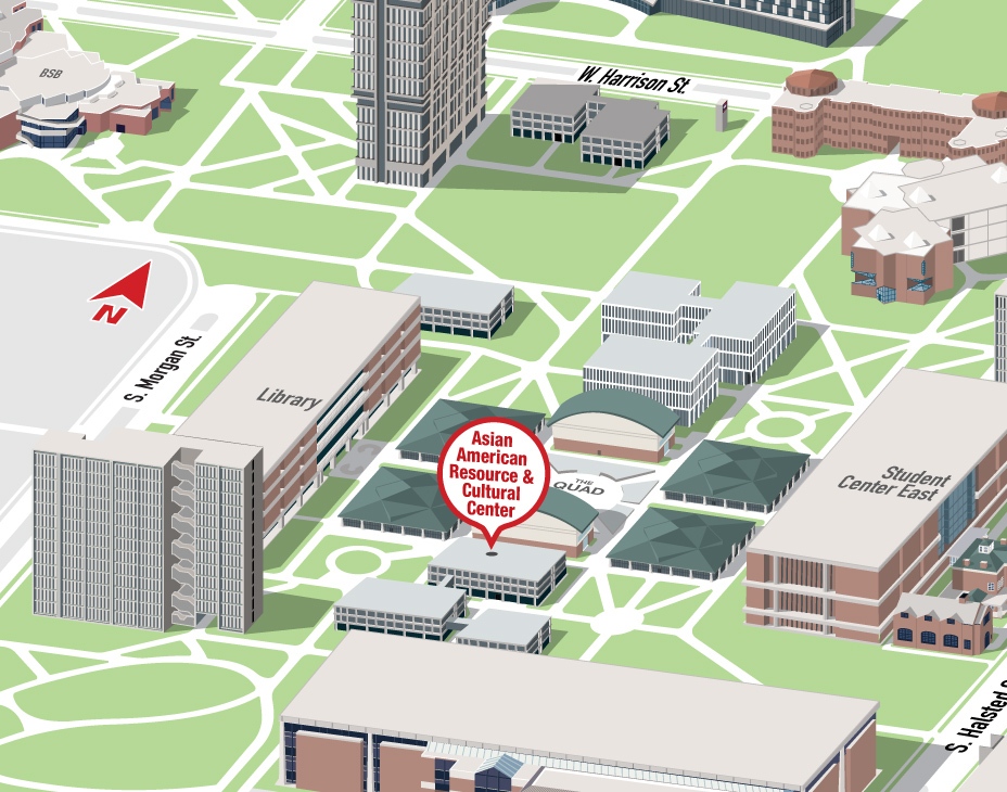 Isometric Illustrative map of UIC East campus with the Asian American Resource and Cultural Center building highlighted
