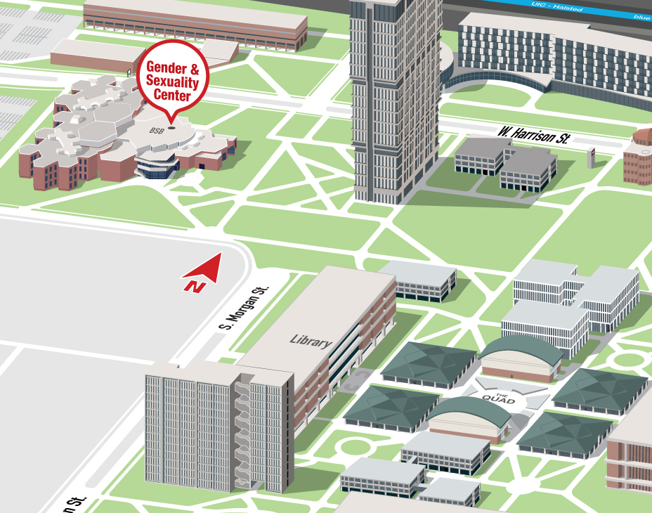 Isometric Illustrative map of UIC East campus with the Gender and Sexuality Center building highlighted