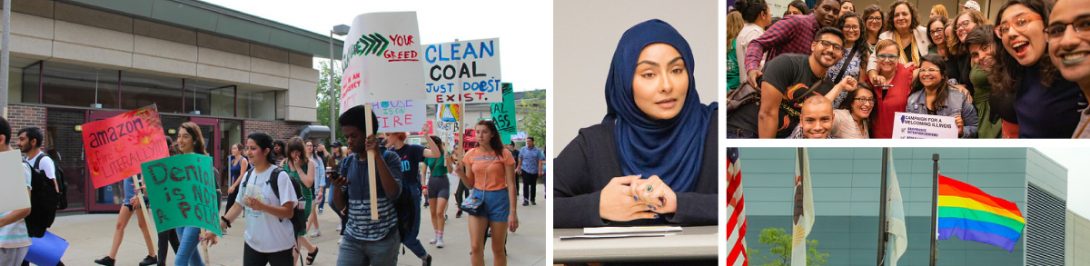 Left: Students and community marching during the Youth Climate Strike. Middle: Speaker at ArabAMCC's Yemeni Lives at the Intersection of War and Discrimination event. Top Right: Folks gathering after the signing of the RISE bill. Bottom Right: The first time the LGBTQ  flag was displayed and flown on UIC's campus.