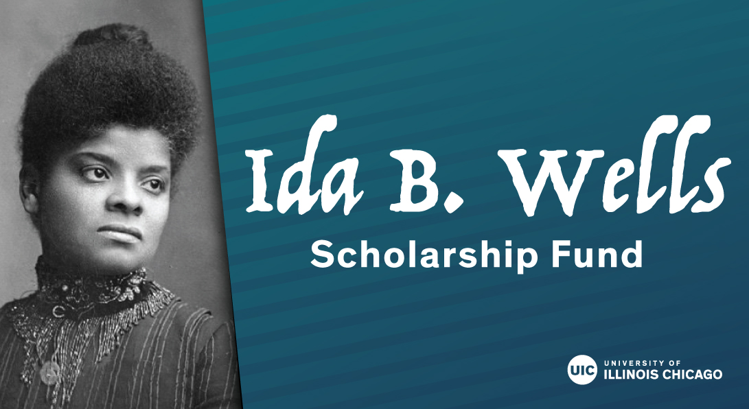 ida b wells photograph in black and white on the left side. The right side has a blue to dark gradient with stripes. Her name is in the middle along with the words scholarship fund.