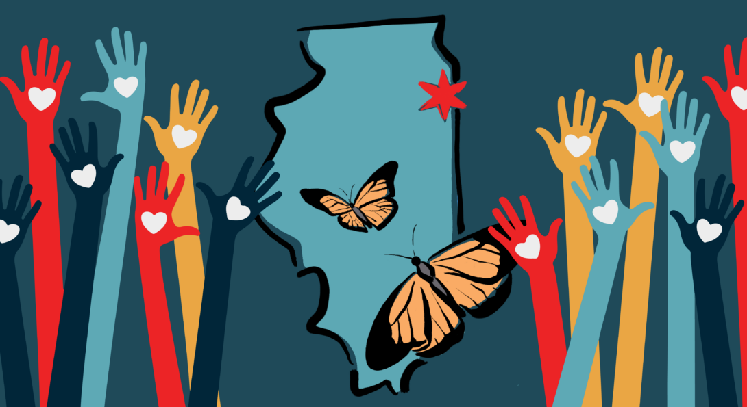Immigration coalition justice image showing colorful hands holding hearts with Monarch butterflies flying into the state of Illinois
