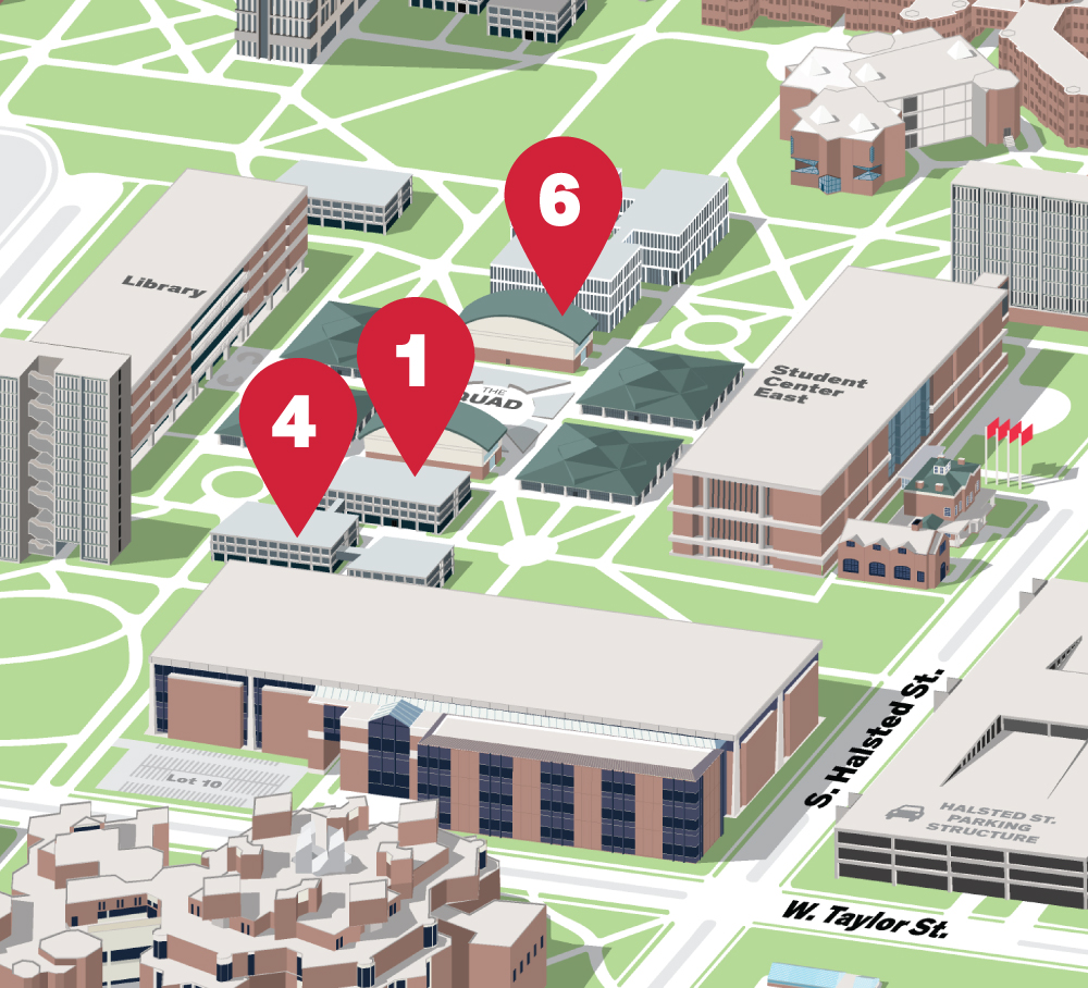 Isometric Illustrative map of UIC East campus with the Arab American Cultural Center building highlighted with number 1