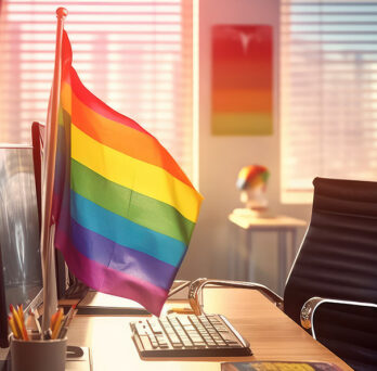 A pride flag standing on a computer desk in an office 