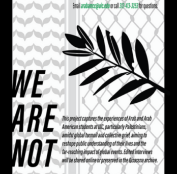 Image ID: The background is a watermarked pattern of a Palestinian keffiyeh. On the right side of the page is an olive branch with tattered leaves and on the bottom left is a stylized We Are Not Numbers title in large blocky letters. The whole flyer is framed with a thick black border. 