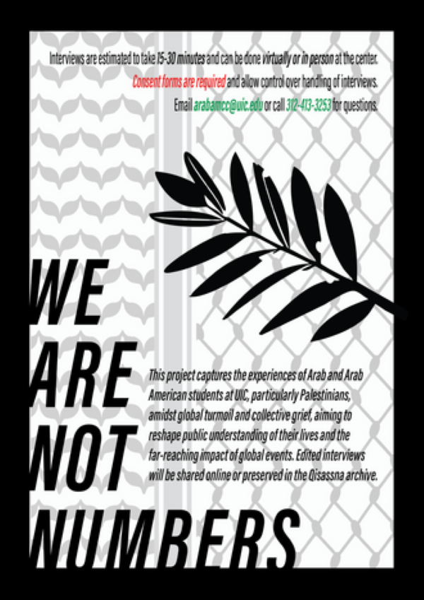 Image ID: The background is a watermarked pattern of a Palestinian keffiyeh. On the right side of the page is an olive branch with tattered leaves and on the bottom left is a stylized We Are Not Numbers title in large blocky letters. The whole flyer is framed with a thick black border.