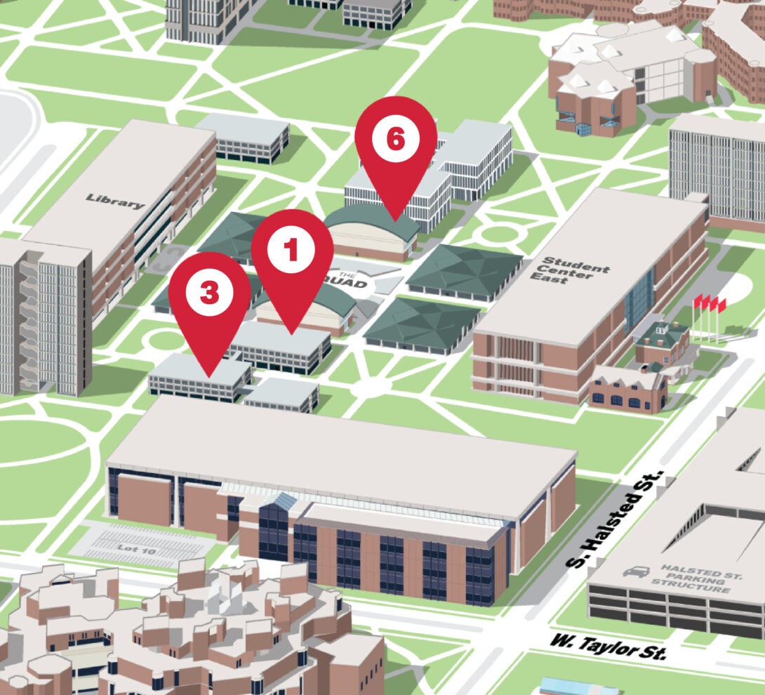 Isometric Illustrative map of UIC East campus with the Arab American Cultural Center building highlighted with number 1