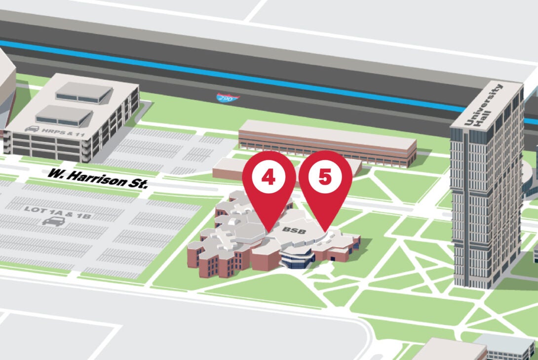 Isometric Illustrative map of UIC East campus with the Disability Cultural Center building highlighted with number 4