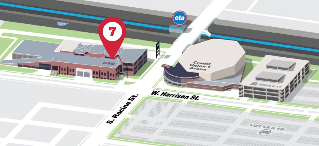 Isometric Illustrative map of UIC East campus with the Women's Leadership and Resource Center building highlighted with number 7