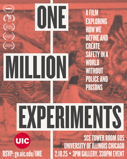 Promotional poster: A person walking in front of an outdoor mural, with their head turned toward the camera. On top of the image is black and white text describing the One Million Experiments event (same info on this page).