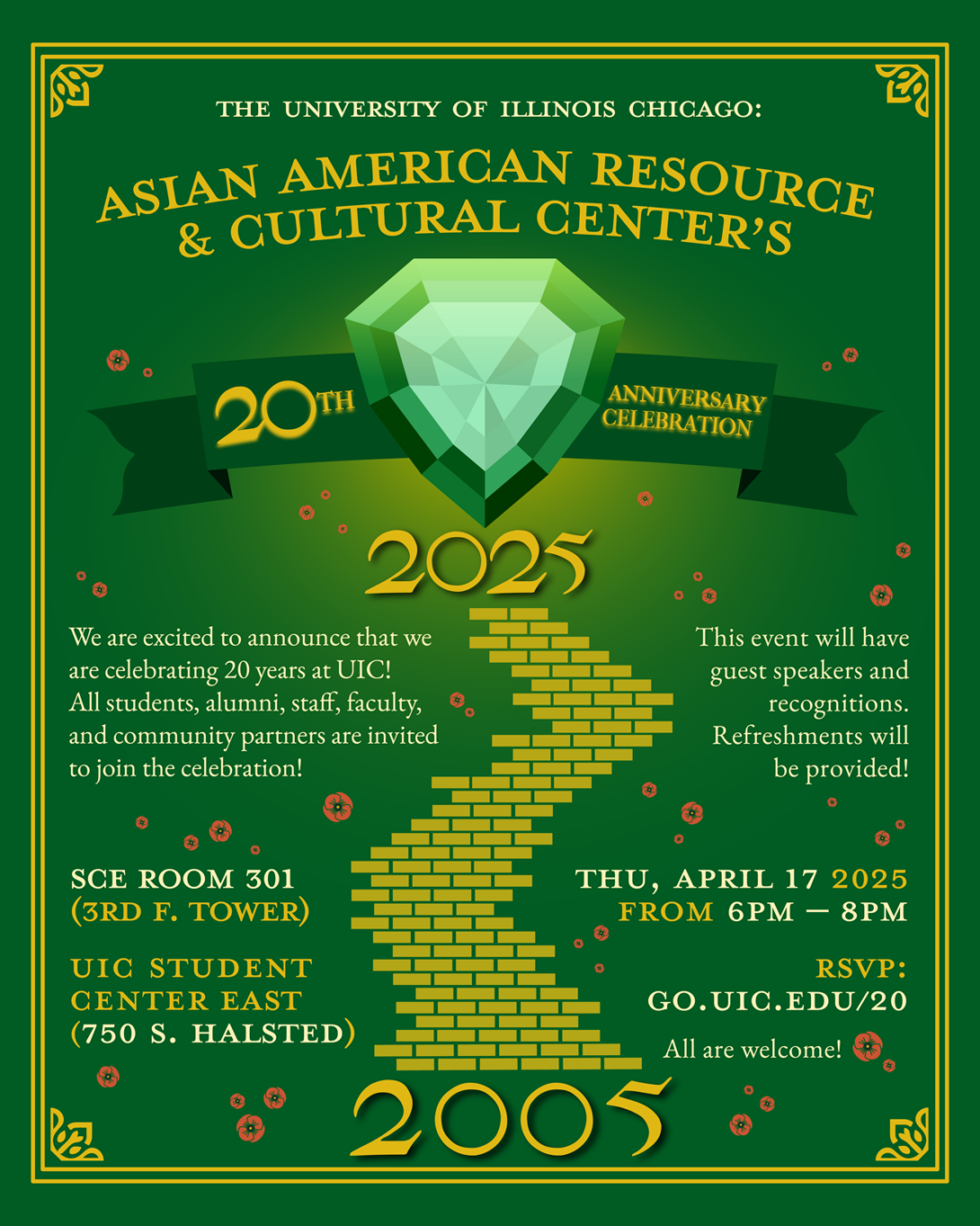 Behind a green background with a yellow border, there sits a golden yellow brick road leading up to a large emerald, in front of a green banner. All around this, there is text in white and golden yellow reading: